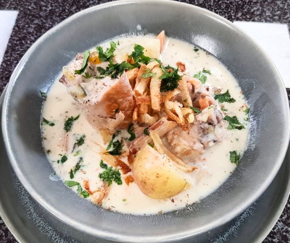 Traditional Bolivian Sopa de Maní served at a Bolivian restaurant in London